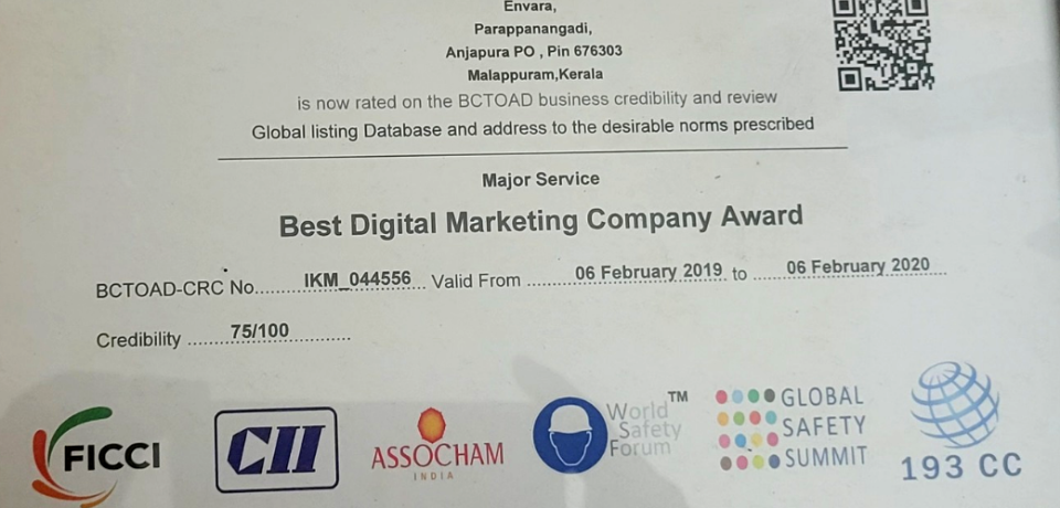 Best Digital Marketing Company Award – Envara Creative Hub" "Envara Creative Hub receiving the Best Digital Marketing Company Award with a credibility score of 75/100."