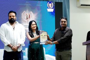 Rajeesh Envara on stage with Tini Tom during the Best Digital Innovation Icon Award presentation in Kerala